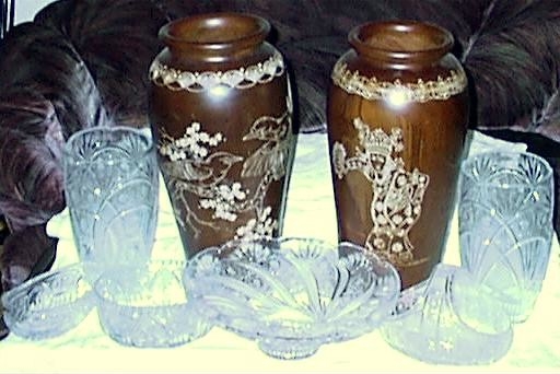 Cut Crystal Large Hand Decorated Wooden Vases.JPG