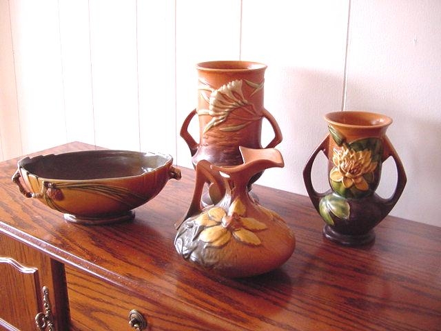 Large Roseville Pincone Console Bowl And Other Large Vases.JPG